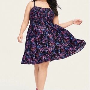 Torrid Smocked Pink And Purple Palm Leaf Dress